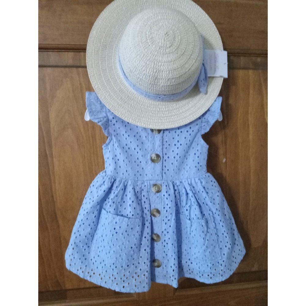 Little Lass Infant Girls Size 12 M Blue Fall Eyelet Dress 2 Piece + Hat NWT